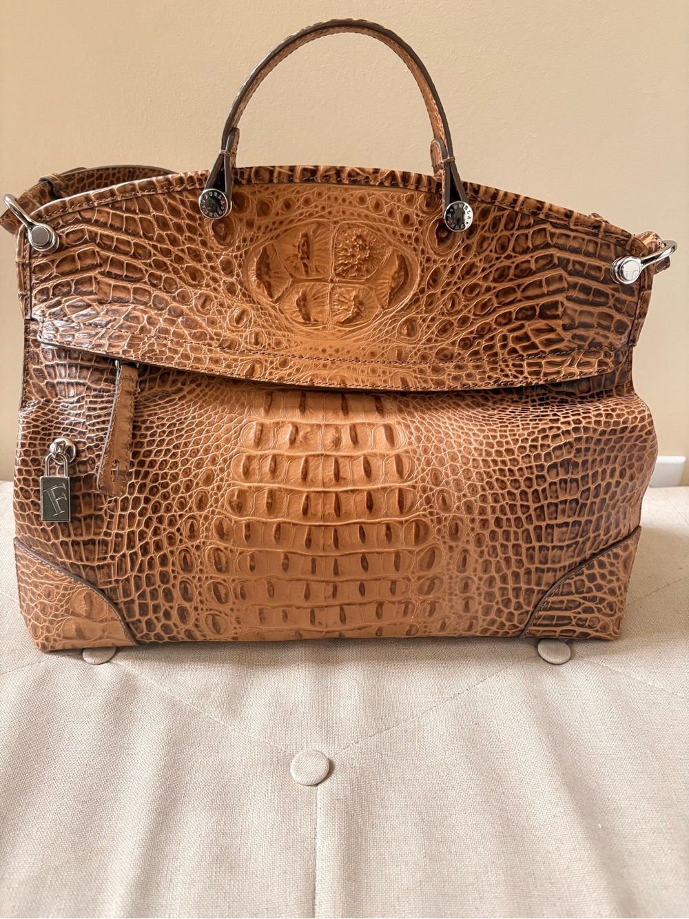 Furla Croc-Embossed Leather Satchel in Tan